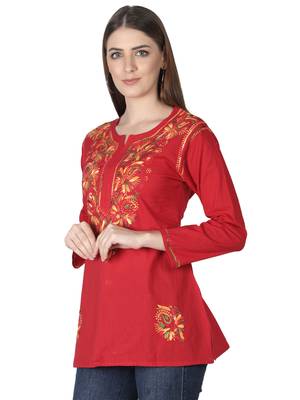 Hand Embroidered Red Cotton Lucknowi Chikankari Kurti 4