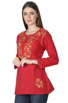 Hand Embroidered Red Cotton Lucknowi Chikankari Kurti