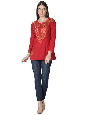 Hand Embroidered Red Cotton Lucknowi Chikankari Kurti 5