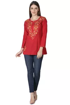 Hand Embroidered Red Cotton Lucknowi Chikankari Kurti