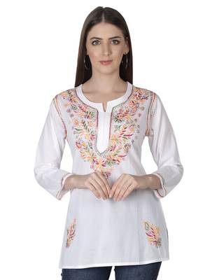 Hand Embroidered White Cotton Lucknowi Chikankari Kurti 2