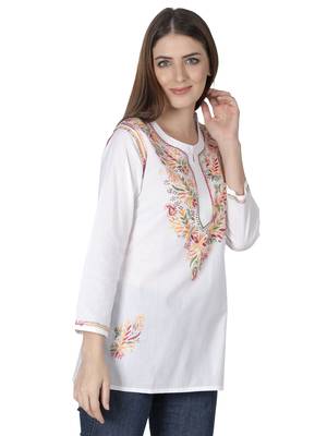 Hand Embroidered White Cotton Lucknowi Chikankari Kurti 5