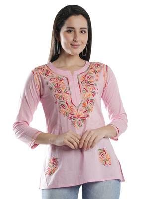 Hand Embroidered Pink Cotton Lucknowi Chikan Kurti 2