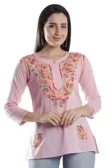 Hand Embroidered Pink Cotton Lucknowi Chikan Kurti