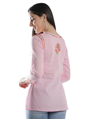 Hand Embroidered Pink Cotton Lucknowi Chikan Kurti 3