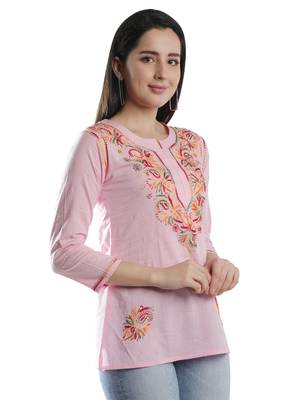 Hand Embroidered Pink Cotton Lucknowi Chikan Kurti 4