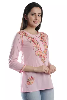 Hand Embroidered Pink Cotton Lucknowi Chikan Kurti