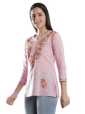 Hand Embroidered Pink Cotton Lucknowi Chikan Kurti 5