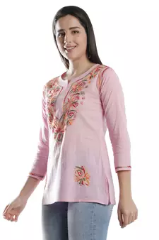 Hand Embroidered Pink Cotton Lucknowi Chikan Kurti