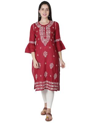 Hand Embroidered Maroon Cotton Lucknowi Chikankari Kurti 1