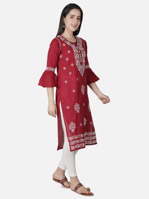 Hand Embroidered Maroon Cotton Lucknowi Chikankari Kurti 3