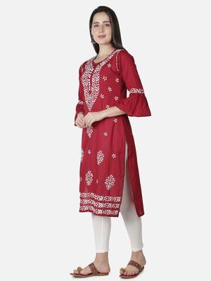 Hand Embroidered Maroon Cotton Lucknowi Chikankari Kurti 4