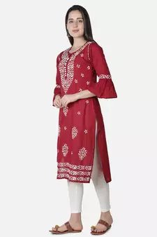 Hand Embroidered Maroon Cotton Lucknowi Chikankari Kurti
