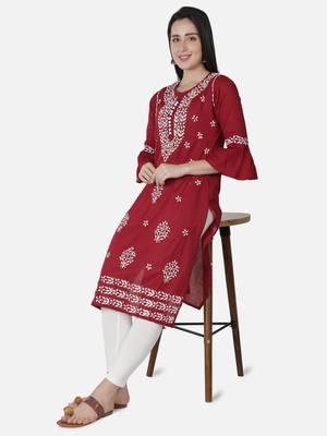 Hand Embroidered Maroon Cotton Lucknowi Chikankari Kurti 5