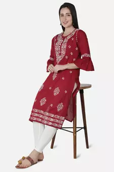 Hand Embroidered Maroon Cotton Lucknowi Chikankari Kurti