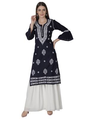Hand Embroidered Navy Blue Cotton Lucknowi Chikankari Kurti 1