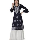 Hand Embroidered Navy Blue Cotton Lucknowi Chikankari Kurti