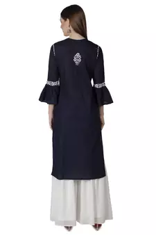 Hand Embroidered Navy Blue Cotton Lucknowi Chikankari Kurti