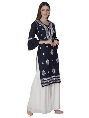 Hand Embroidered Navy Blue Cotton Lucknowi Chikankari Kurti 3