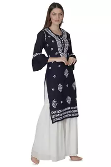Hand Embroidered Navy Blue Cotton Lucknowi Chikankari Kurti