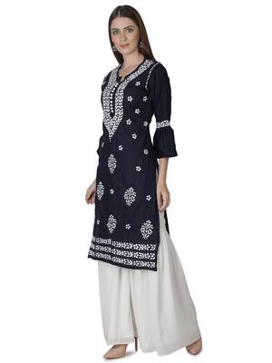 Hand Embroidered Navy Blue Cotton Lucknowi Chikankari Kurti 4