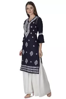 Hand Embroidered Navy Blue Cotton Lucknowi Chikankari Kurti