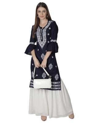 Hand Embroidered Navy Blue Cotton Lucknowi Chikankari Kurti 5