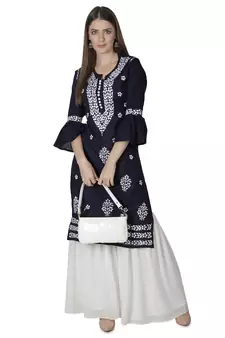 Hand Embroidered Navy Blue Cotton Lucknowi Chikankari Kurti
