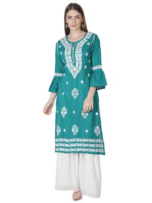 Hand Embroidered Pine Green Cotton Lucknowi Chikankari Kurti 1