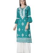 Hand Embroidered Pine Green Cotton Lucknowi Chikankari Kurti