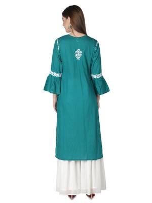 Hand Embroidered Pine Green Cotton Lucknowi Chikankari Kurti 2