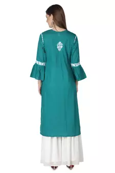 Hand Embroidered Pine Green Cotton Lucknowi Chikankari Kurti