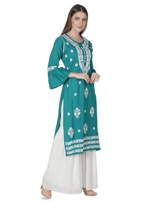 Hand Embroidered Pine Green Cotton Lucknowi Chikankari Kurti 3