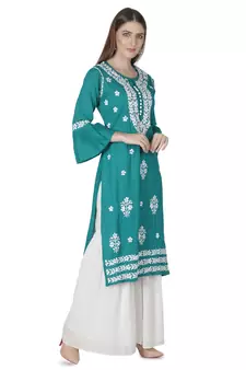 Hand Embroidered Pine Green Cotton Lucknowi Chikankari Kurti