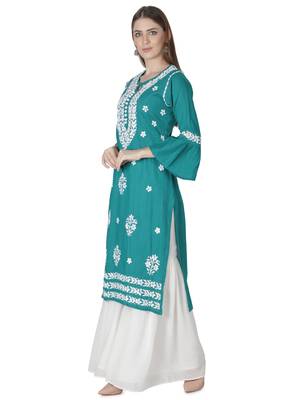 Hand Embroidered Pine Green Cotton Lucknowi Chikankari Kurti 4