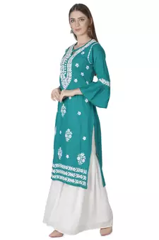 Hand Embroidered Pine Green Cotton Lucknowi Chikankari Kurti