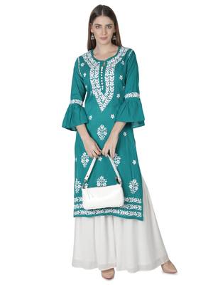 Hand Embroidered Pine Green Cotton Lucknowi Chikankari Kurti 5