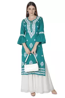 Hand Embroidered Pine Green Cotton Lucknowi Chikankari Kurti