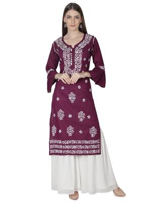 Hand Embroidered Purple Cotton Lucknowi Chikan Kurti 1
