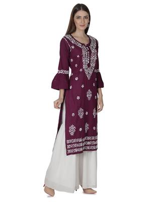 Hand Embroidered Purple Cotton Lucknowi Chikan Kurti 3