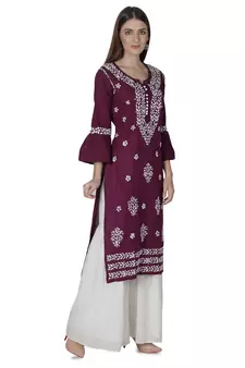 Hand Embroidered Purple Cotton Lucknowi Chikan Kurti