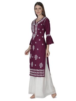 Hand Embroidered Purple Cotton Lucknowi Chikan Kurti 4
