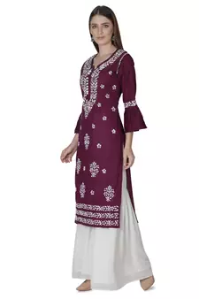 Hand Embroidered Purple Cotton Lucknowi Chikan Kurti