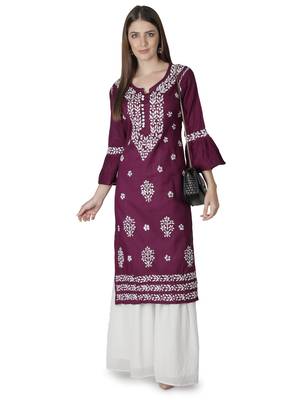 Hand Embroidered Purple Cotton Lucknowi Chikan Kurti 5