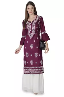 Hand Embroidered Purple Cotton Lucknowi Chikan Kurti