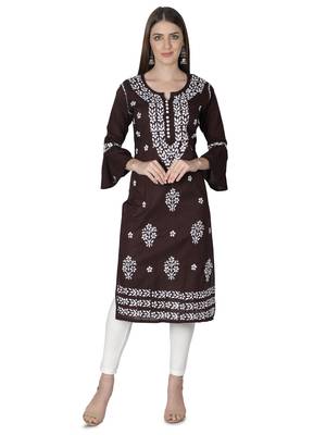 Hand Embroidered Dark Brown Cotton Lucknowi Chikankari Kurti 1
