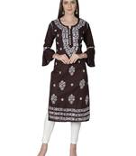 Hand Embroidered Dark Brown Cotton Lucknowi Chikankari Kurti
