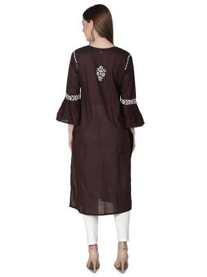 Hand Embroidered Dark Brown Cotton Lucknowi Chikankari Kurti 2