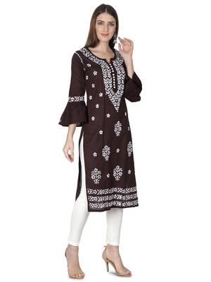 Hand Embroidered Dark Brown Cotton Lucknowi Chikankari Kurti 3