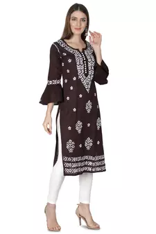 Hand Embroidered Dark Brown Cotton Lucknowi Chikankari Kurti